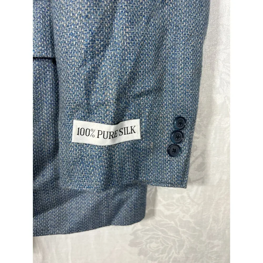 Vintage Norm Thompson Sport Coat 46 LONG Blue Tan 100% Pure Silk Deadstock